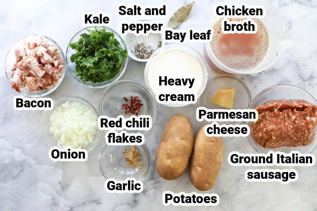 Labeled ingredients for zuppa toscana.