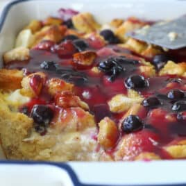A blueberry French toast casserole with blueberry topping.