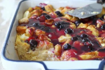 A blueberry French toast casserole with blueberry topping.