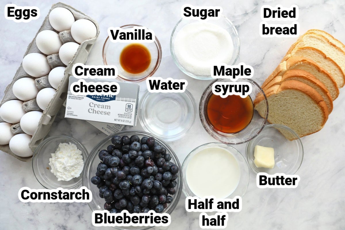Labeled ingredients for blueberry French toast casserole.