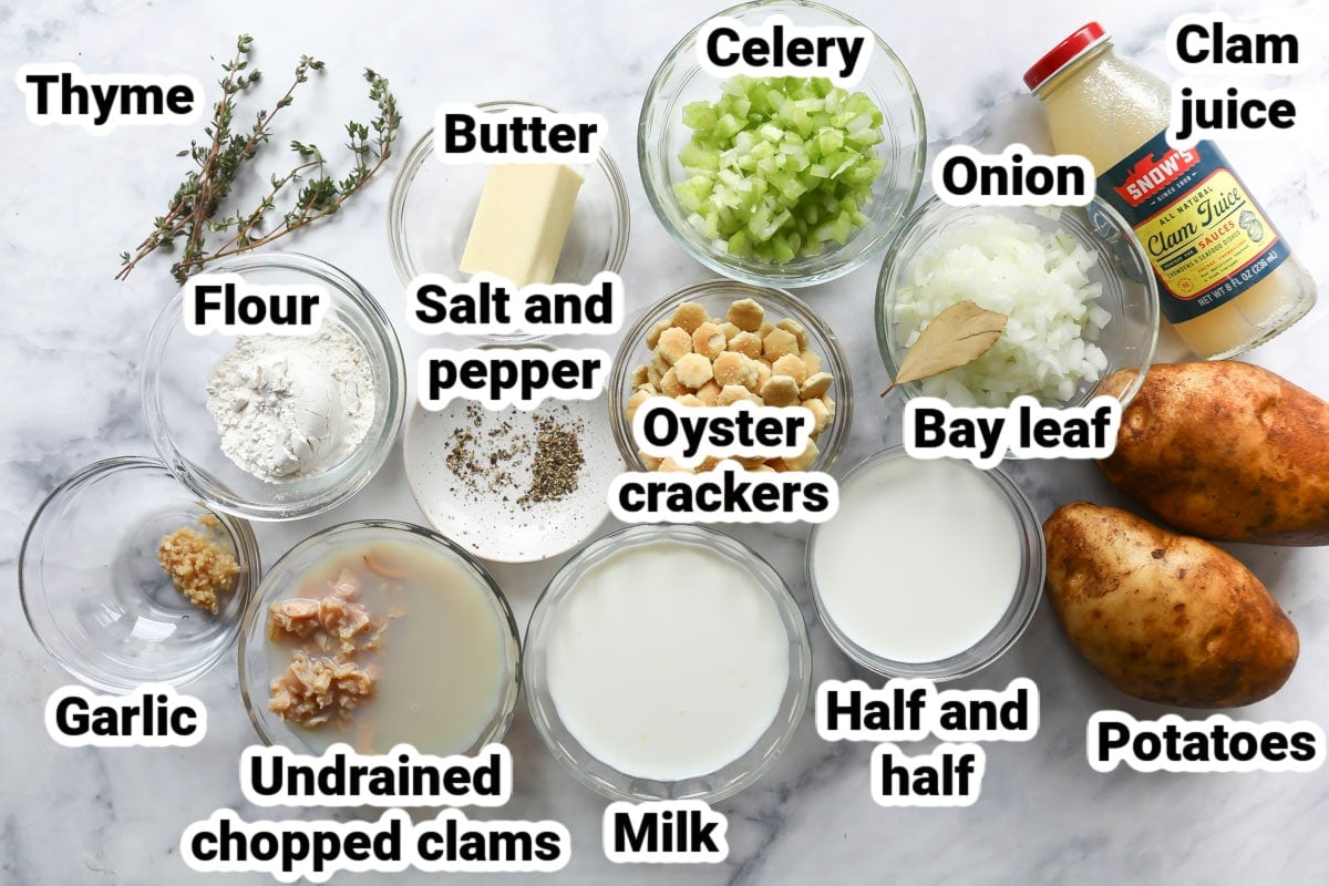 Labeled ingredients for clam chowder.