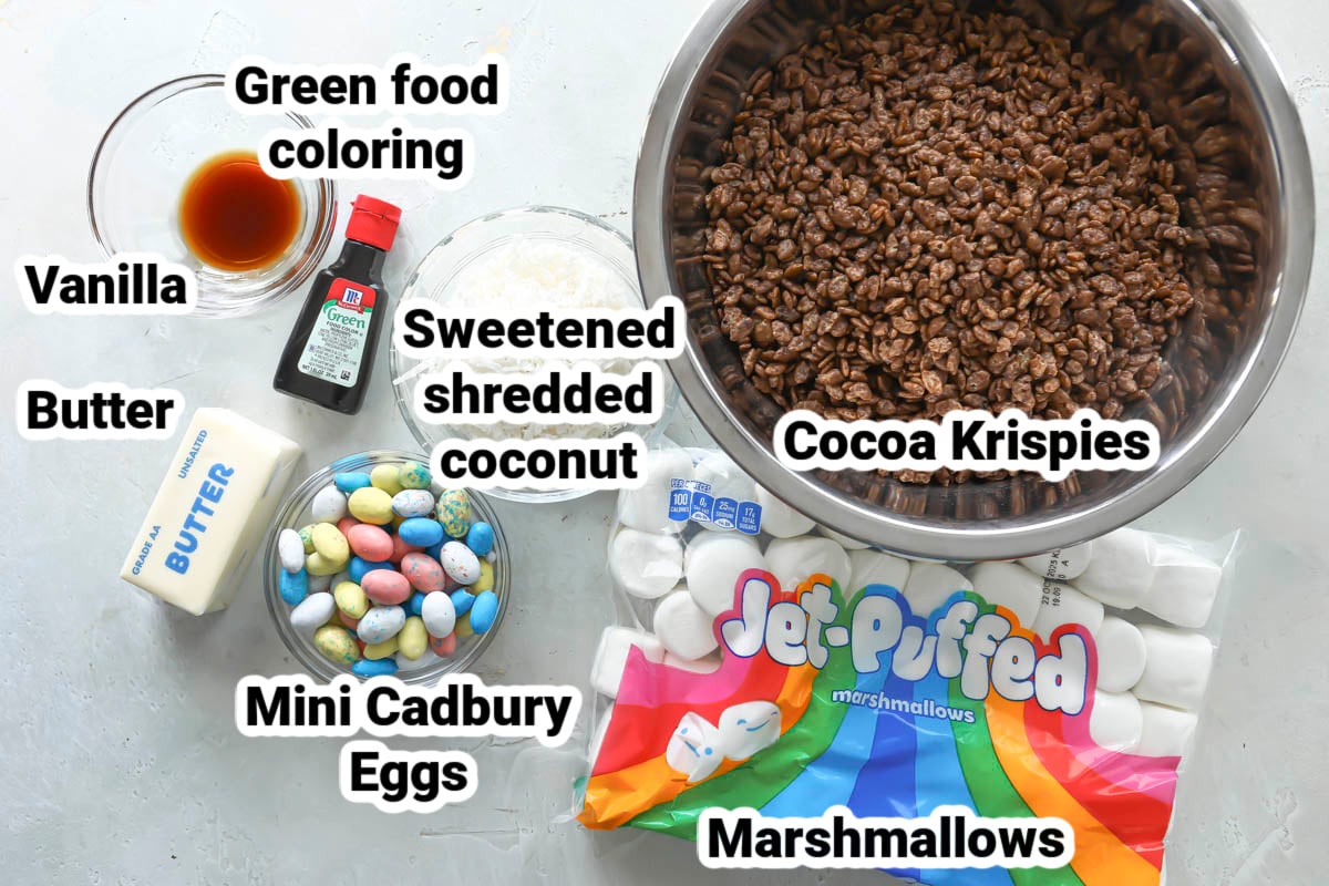 Labeled ingredients for Easter Rice Krispie Treats.