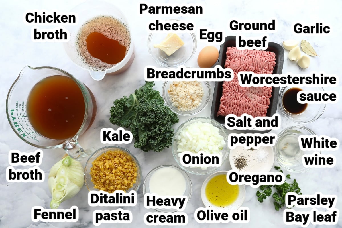 Labeled ingredients for Italian Wedding soup.