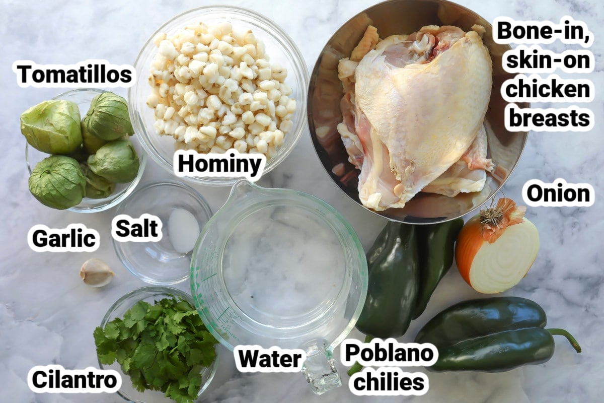 Labeled ingredients for Pozole Verde.