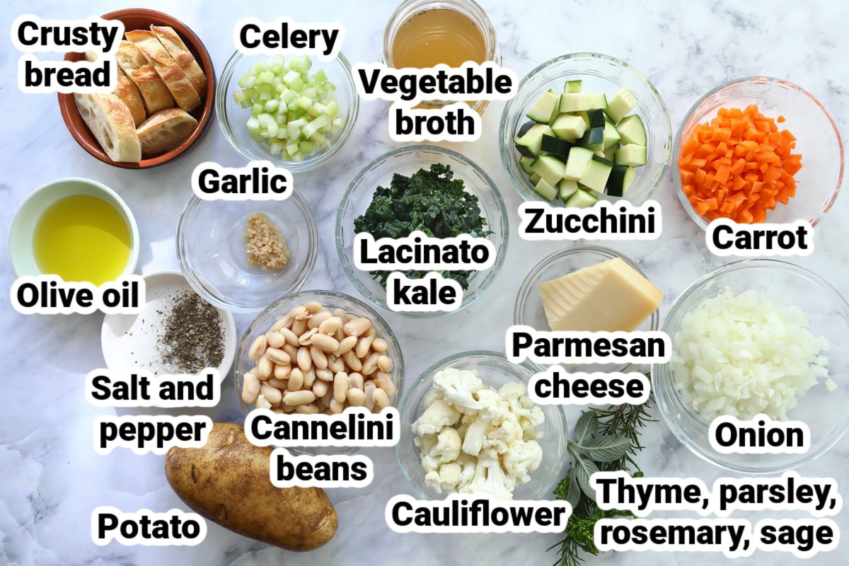 Labeled ingredients for ribollita soup.