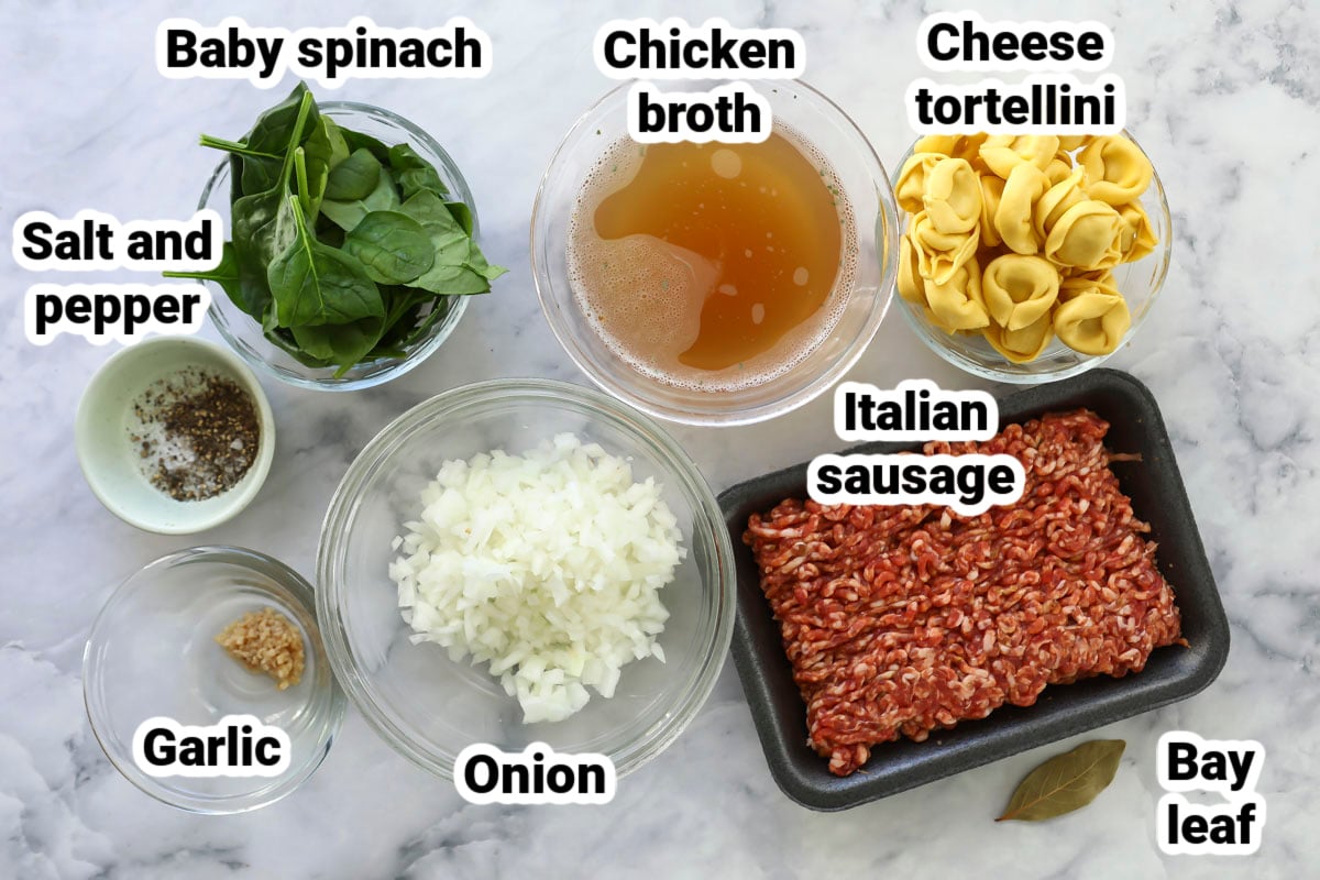 Labeled ingredients for sausage tortellini soup.
