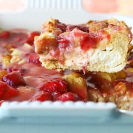 A strawberry French toast casserole with strawberry topping.