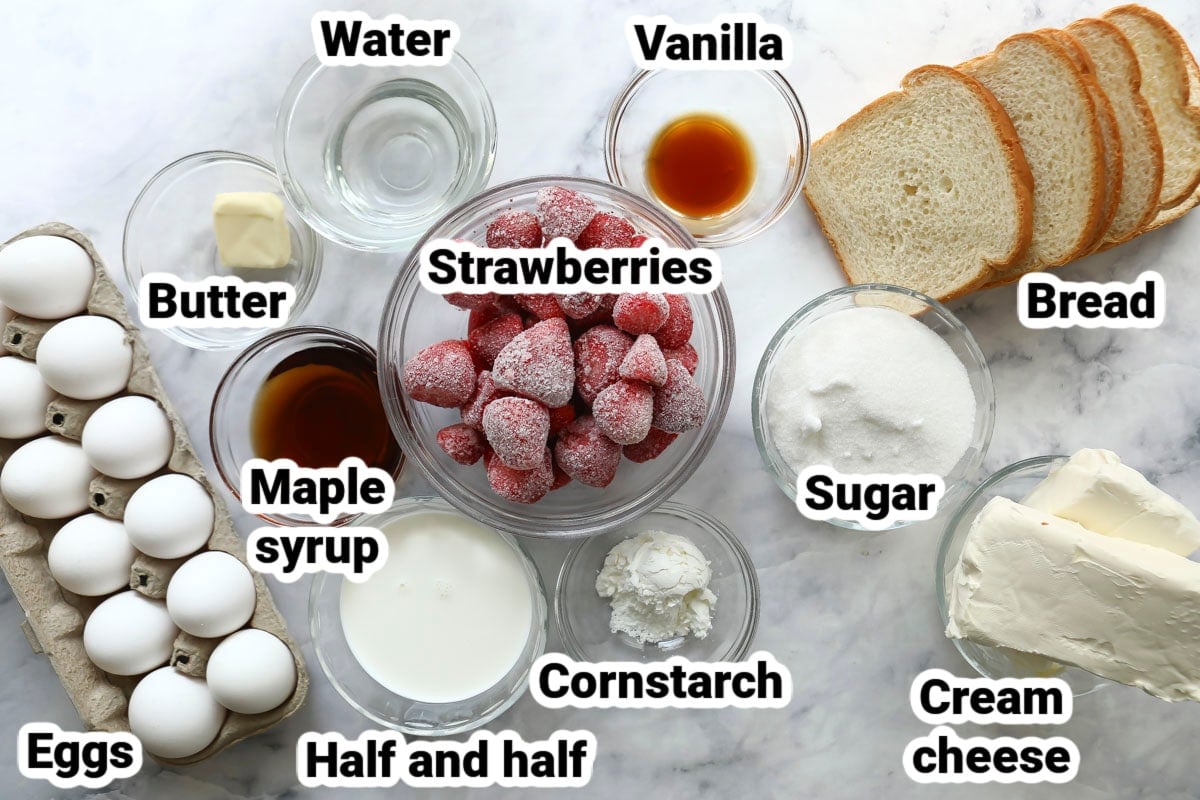 Labeled ingredients for strawberry french toast casserole.